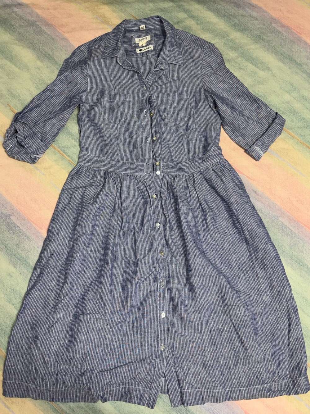 Malvin Hamburg Germany blue striped 100% linen midi button down shirt dress M
